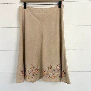 Apostrophe Floral Embroidered Tan Linen Blend Skirt, Women's Size 8P